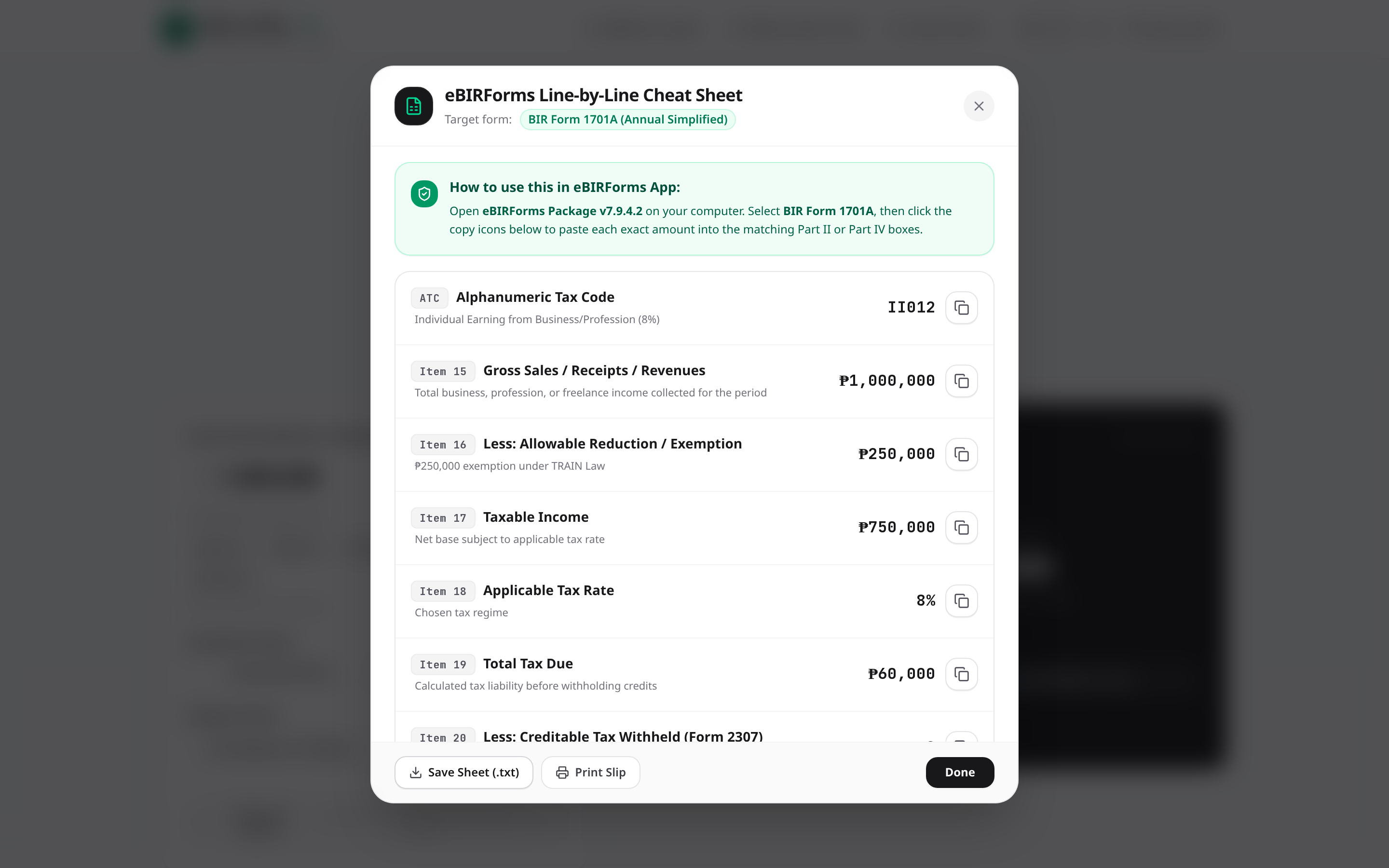 eBIRForms 1701A cheat sheet modal screenshot
